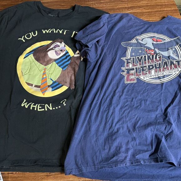 Lot Of 2 Disney Women’s XL T-Shirts Zootopia Sloth And Dumbo Flying Circus - Picture 1 of 7